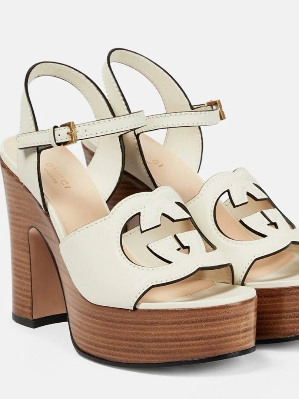 $990 Gucci Cutout Interlocking Leather Platform Sandal Mystic White Size 40